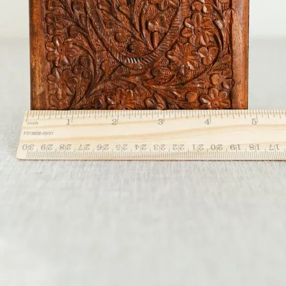 Vintage Hand Carved Wooden Jewelry Trinket Memorial Box Himalayan Jungle Wood - Picture 14 of 16